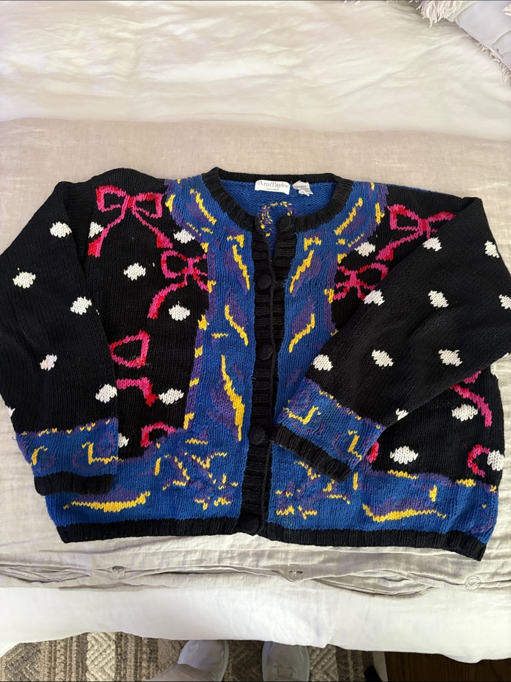 Vintage 80’s Ann Taylor Black Cardigan with Blue, Pink and Yellow Pattern